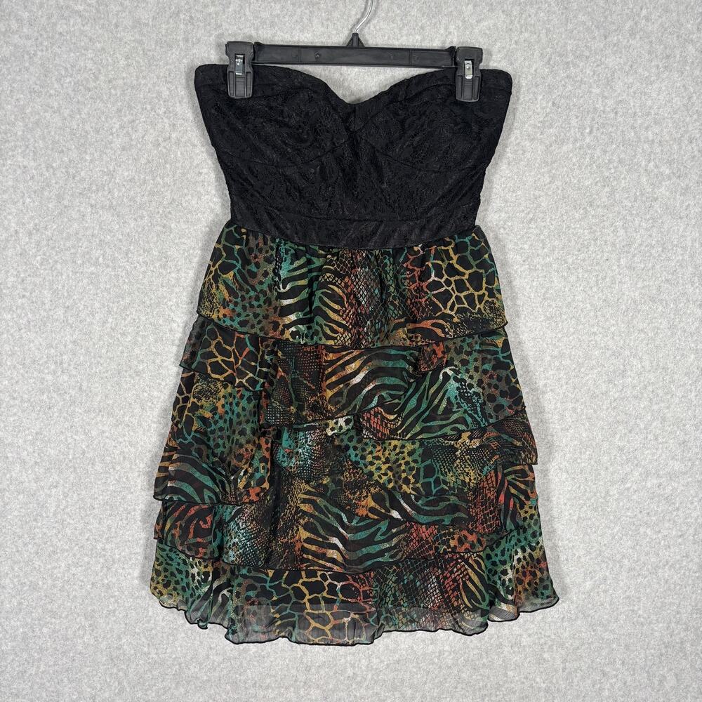 90s American Rag Dress XS Mini Lace Tiered Animal Leopard HOCO Party Mob Layered